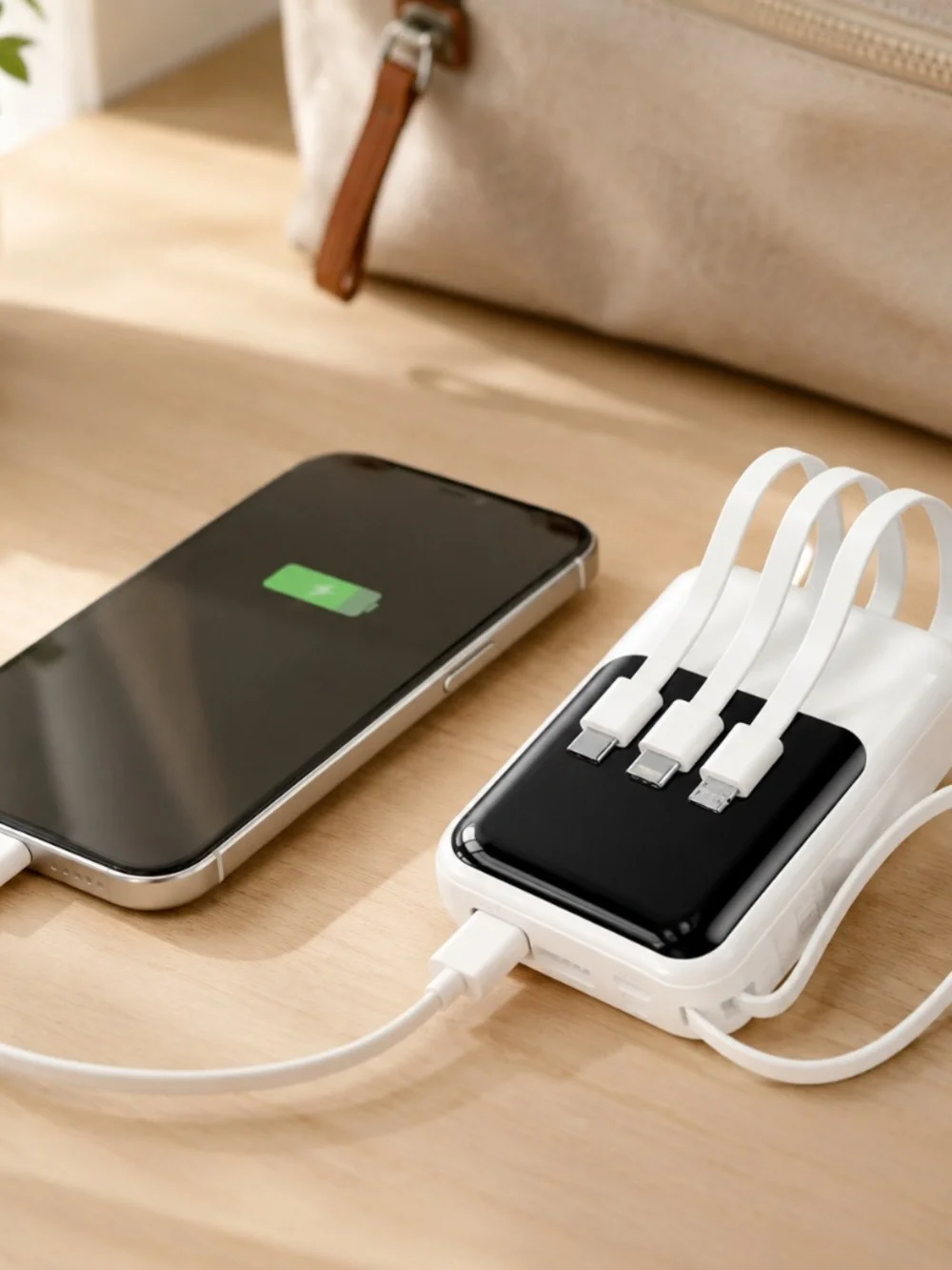 Portable Power Bank with Built-In Charging Cables & LED Light – New